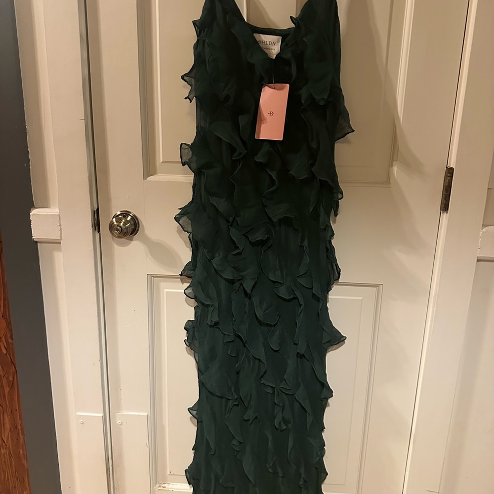 BHLDN Dark Green Ruffled Maxi Dress
